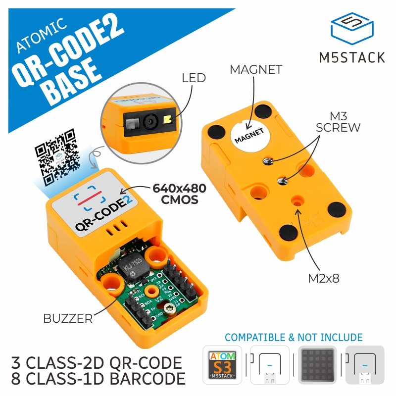 M5Stack - M5スタックの公式アトミックバーコード、qrコードスキャナー、2ベース